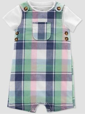 New Baby Boy Plaid Shortall Romper in Pastel Green and Navy 18m